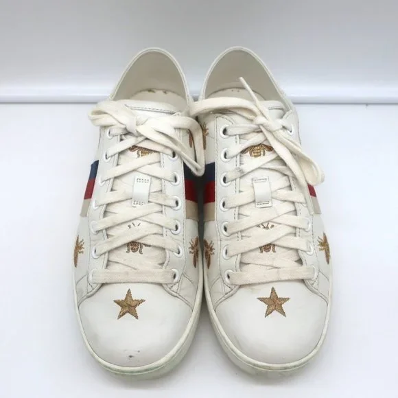 GUCCI ACE BEES & STARS EMBROIDERED SNEAKERS WHITE LEATHER SIZE 35.5 (Runs Large) - Picture 5 of 12
